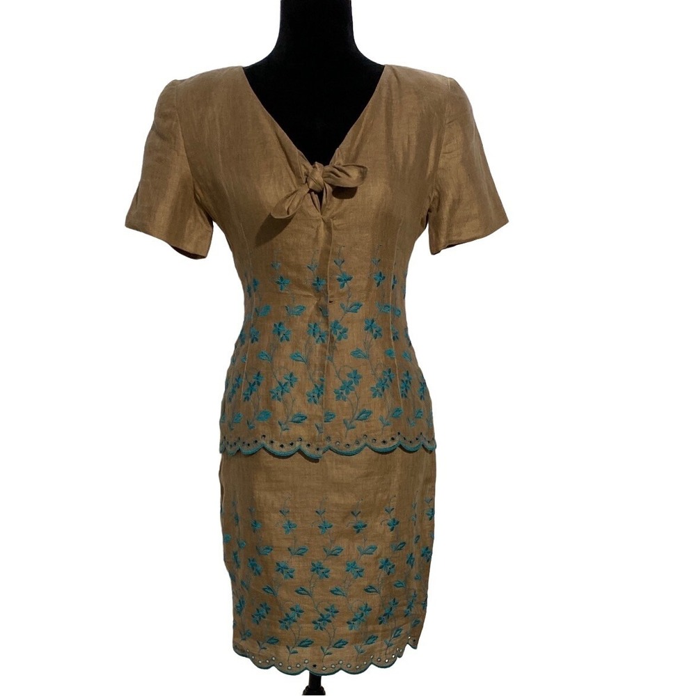 Gemma Kahng Suit 6‎ 8 Blazer Skirt Brown Turquoise Floral Embroider Gorgeous